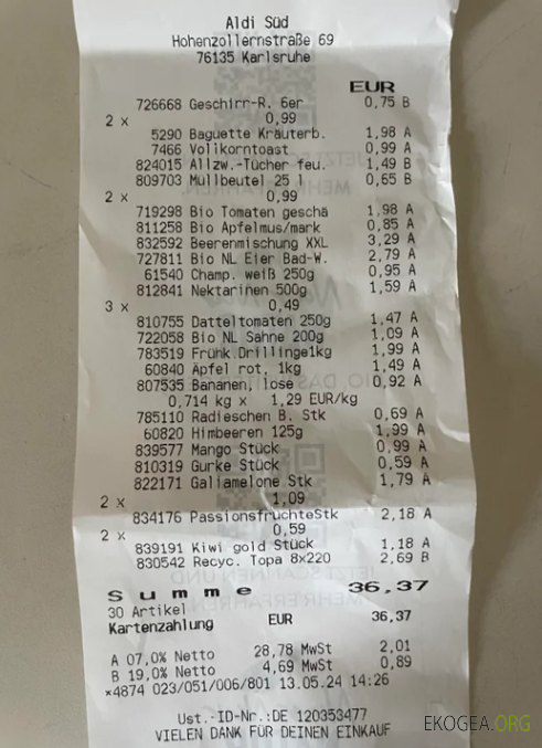 Allemagne Reçu de paiement du supermarché Aldi Sud